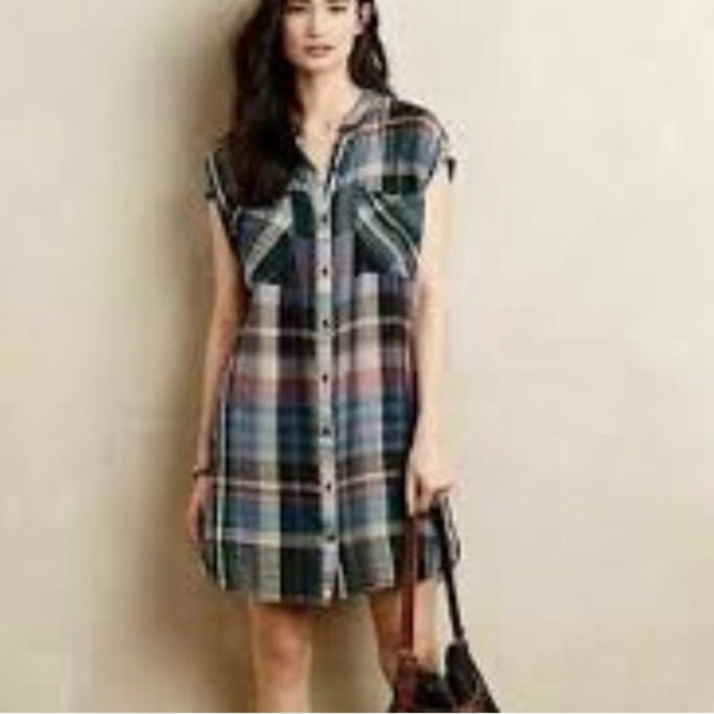 Anthropologie Holding Horses Plaid Shirt Dress Tunic Button Down cotton small